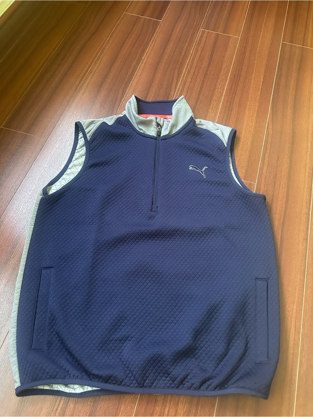 Puma Navy and Light Gray Quilted Sleeveless Half-Zip Vest